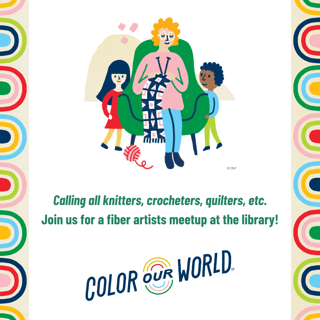 An image of a knitter, surrounded by children, calling all fiber artists to join the meet-up.