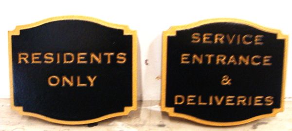 T29409-  Carved and Sandblasted  HDU Office Signs ("Residents Only" and "Service Entrance")