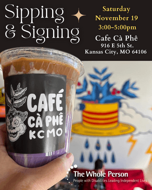 woman holding ube drink with dragon logo of Cafe Ca Phe on it with TWP logo and date of event