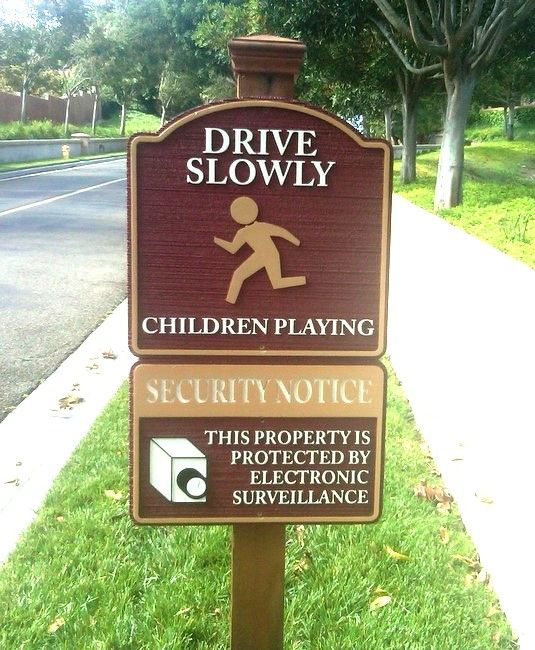 H17201 - Carved and Sandblasted HDU "Drive Slowly, Children Playing " Sign and Cedar Wood Post with Pyramid Finial 