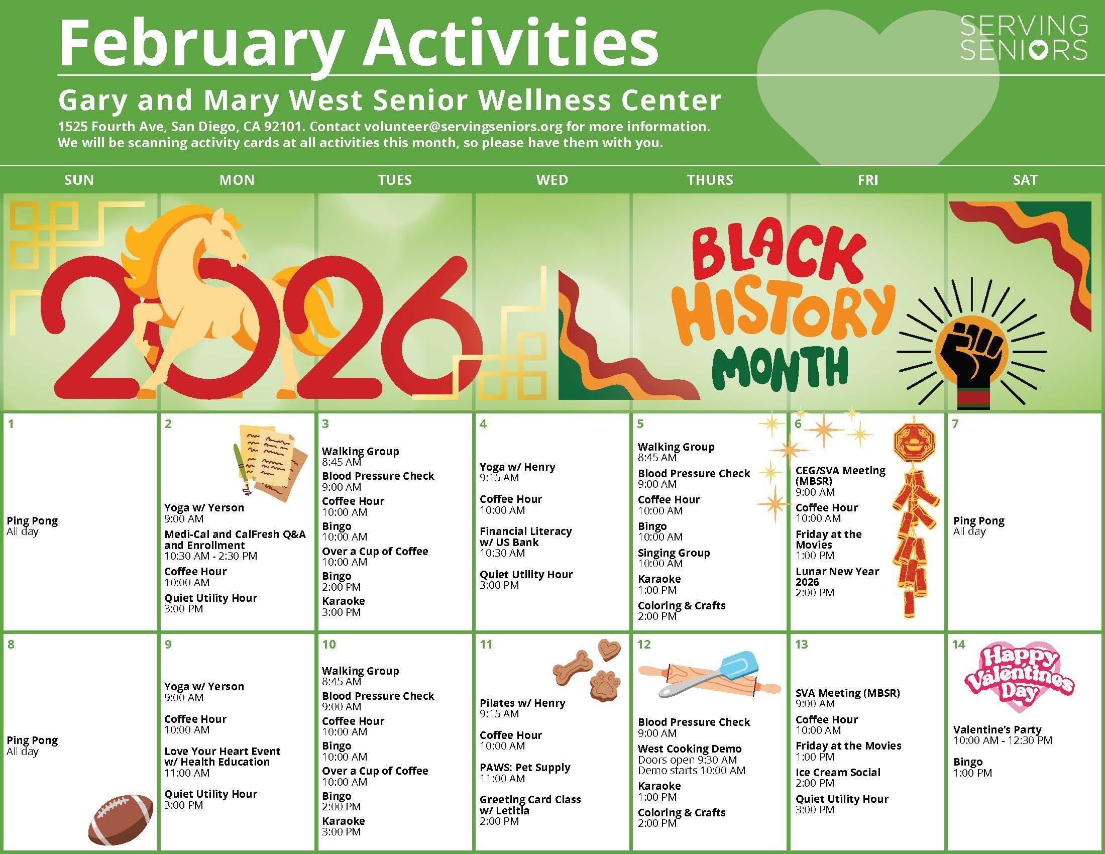 Click to download the Gary and Mary West Senior Wellness Center February 2026 Activities Calendar