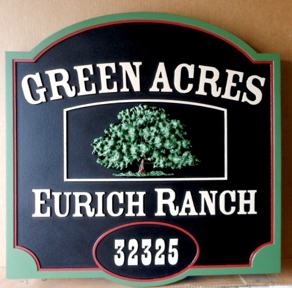 O24878 - Sign for Green Acres Ranch with Large, Carved 3-D Oak Tree