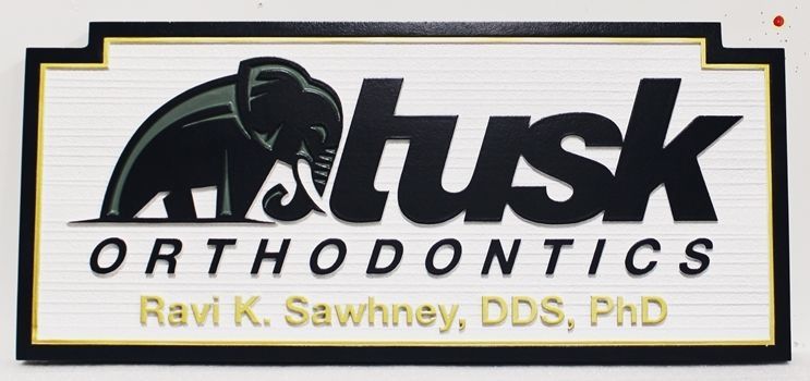 BA11639 - Carved Entrance Sign for "Tusk Orthodontics", with Elephant as Artwork