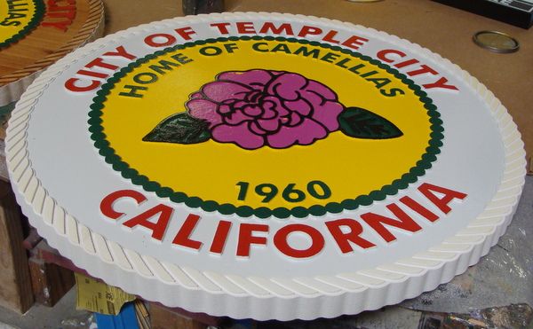 DP-2280 - Carved Plaque of the Seal of the City of Temple City, California,  Artist Painted