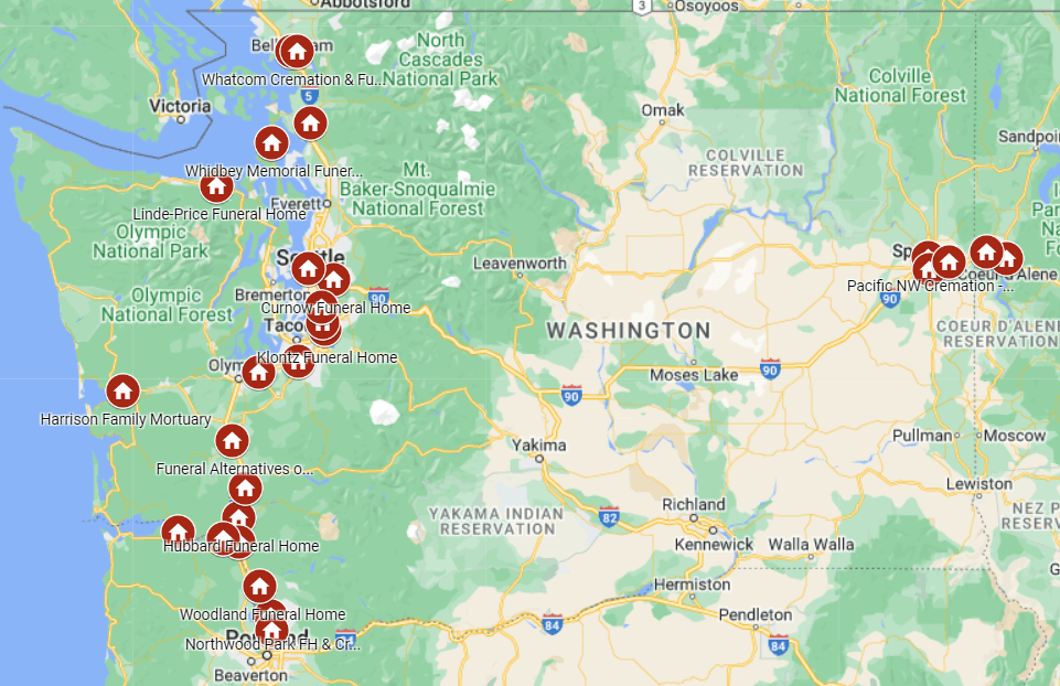 Map of WA with contracted funeral home locations marked