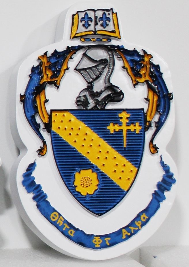 XP-3517 - Carved 2.5-D Raised Relief HDU Plaque of the Coat-of-Arms for the Theta Phi Alpha Fraternity with a Shield  and Helmet 