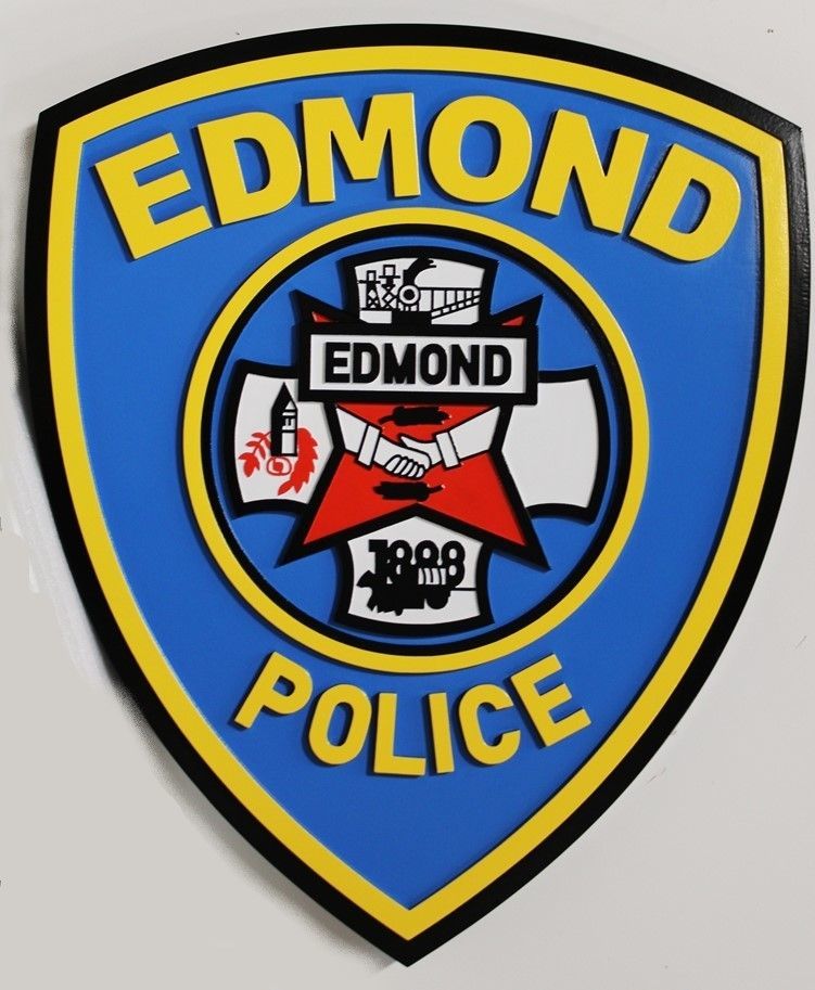 PP-2226 - Carved 2.5-D Plaque of the Shoulder Patch of the Police Department of Edmond, Oklahoma