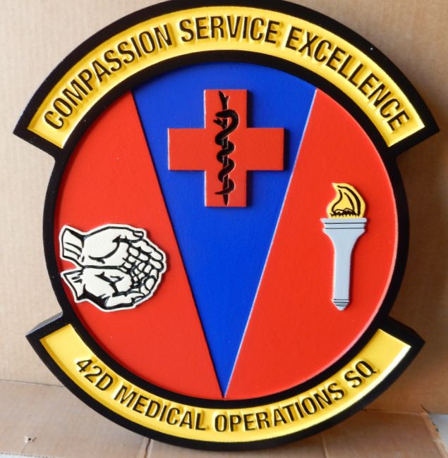 LP-8070 - Carved Round Plaque of the Crest of the Air Force 42nd  Medical Operations Squadron "Compassion..Service..Excellence", Artist Painted