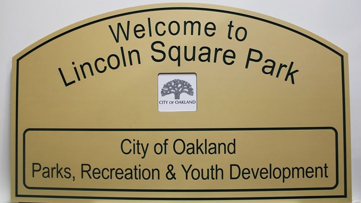  GA16420 - Engraved HDU Sign for Lincoln Square Park, the City of Oakland. with Oak Tree as Artwork 