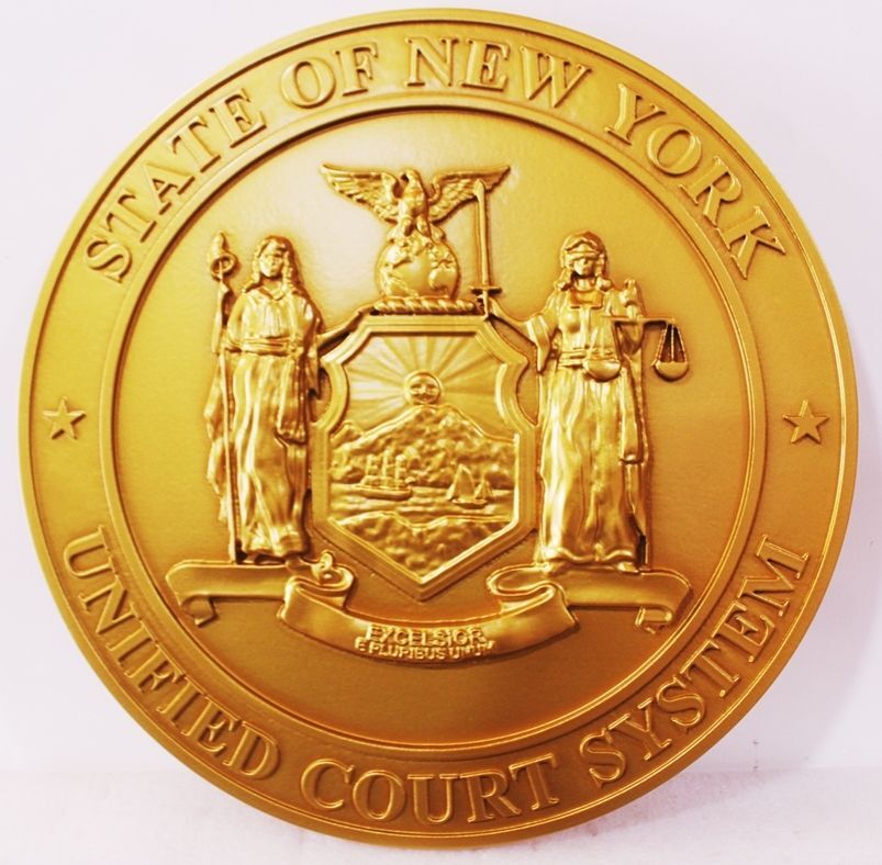 GP-1222- Carved 3-D Bas-Relief Seal of  the Unified Court System of the State of New York, Painted Bright Gold