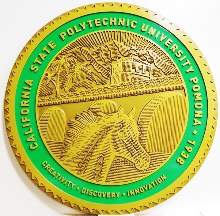 RP-1052 - Carved Plaque of the Seal of the California State Polytechnic University at Pomona, 2.5-D Outline Relief, Brass-Plated