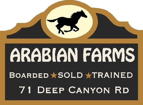 P25186 - Design of Carved Wood or HDU Sign for "Arabian Farms" with Silhouette of Galloping Arabian Horse 