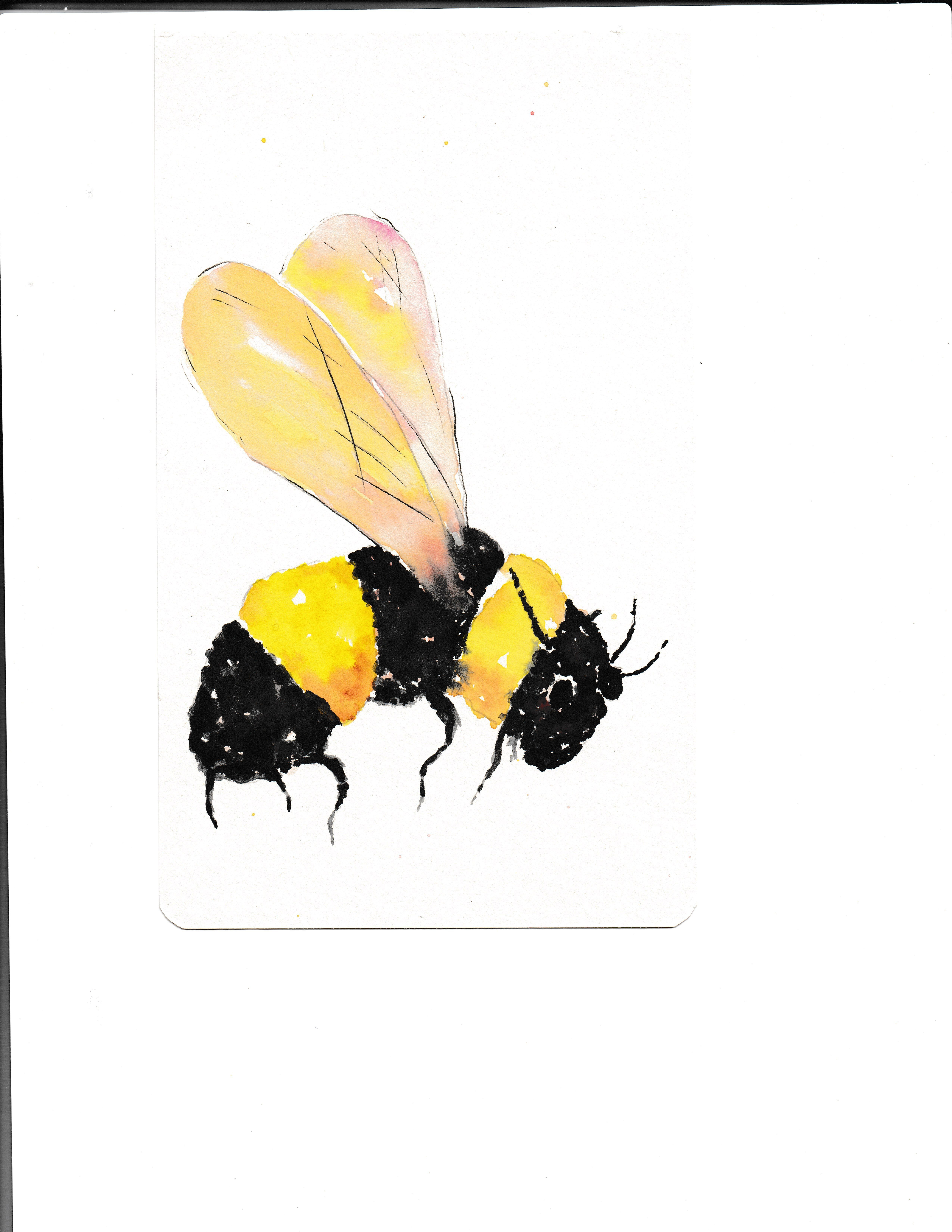 Soft water color painting of a bee that is striped yellow and black in mid flight.