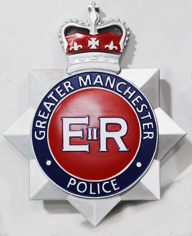 OP-1018 - Carved 3-D Bas-Relief HDU Plaque of the Crest  of the Greater Manchester Police, in the UK