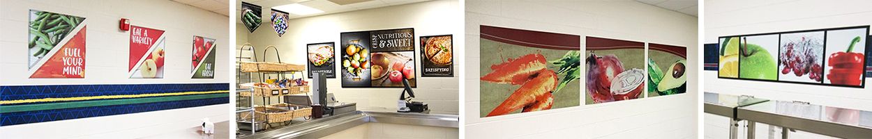 4 images of food murals in school café, custom signs, fruit and vegetable images, food art