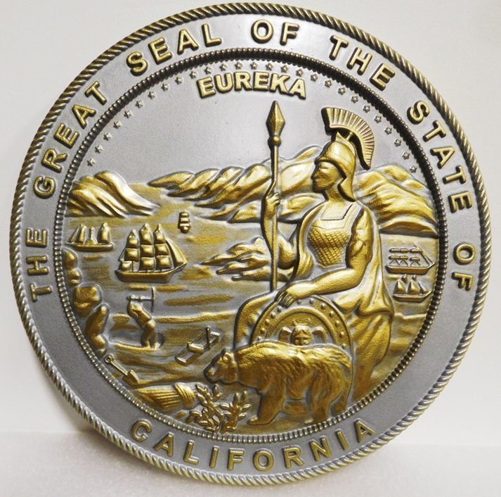 W32034 -  3-D Bas-Relief Carved HDU Wall Plaque Painted Silver and Gold , of the Great Seal of California 