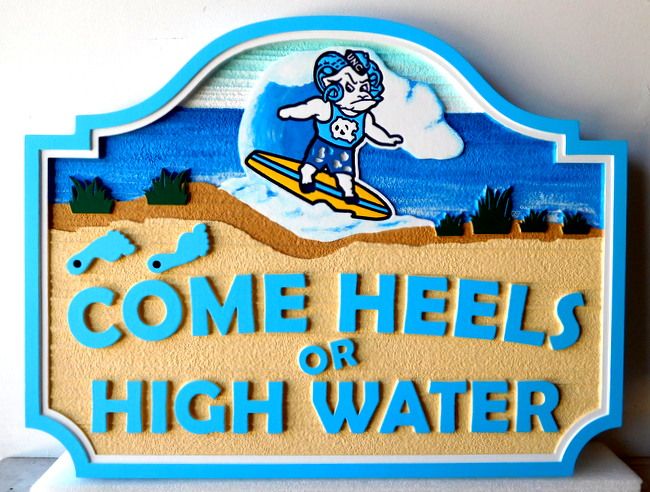 L21715 - Custom Beach House Sign "Come Heels or High Water", Featuring a Surfer 