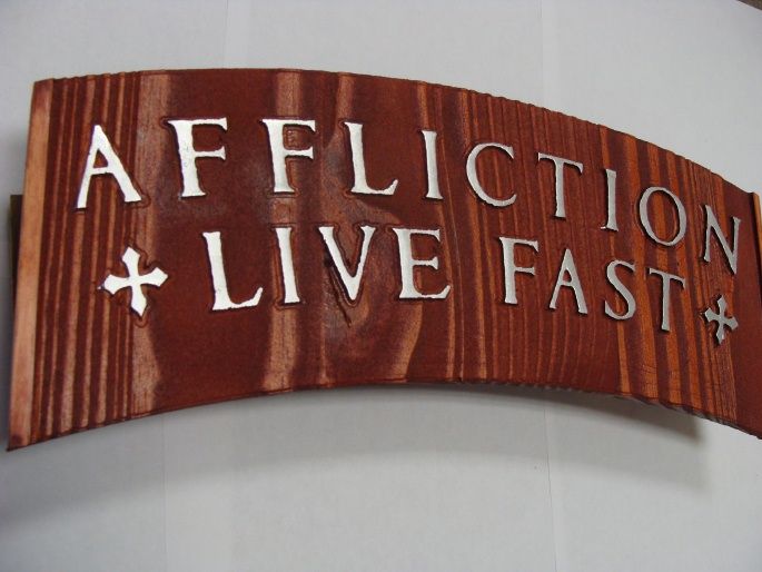 YP-5160 - Carved Plaque featuring Quote "Affliction , Live Fast",  Aluminum Plated Letters on Redwood 