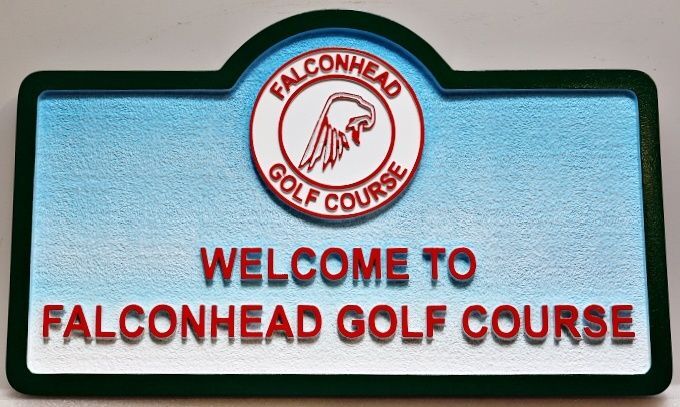 E14132 - Carved and Sandblasted HDU Entrance Sign for "Falconhead Golf Course" with Logo