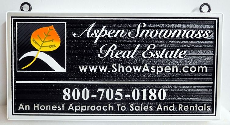 C12339 - Carved and Sandblasted HDU Sign for Aspen Snowmass Real Estate Company , with 2.5-D Raised Text and Wood Grain Background