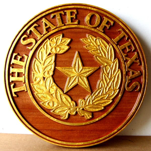 W32460 - Carved Mahogany Wall Plaque of the State of Texas Great Seal