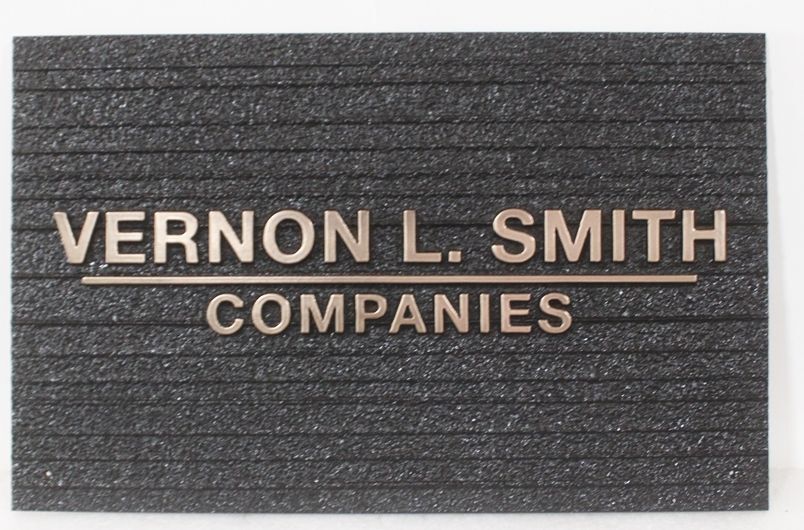 S28070 - Carved 2.5-D Multi-Level and Sandblasted Wood Grain Sign for the "Vernon L. Smith" Companies, with Brass-Plated Letters