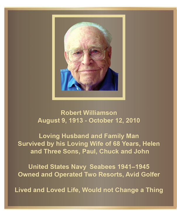 MB2387- Brass-Plated Memorial Plaque with Giclee Photo of Robert Williamson, Sandsblasted Painted Bronze Background, 2.5-D