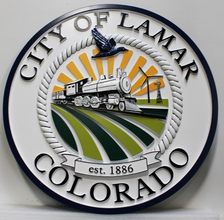 F15343 - Carved 3-D Bas-relief Sign for the City of Lamar, Colorado,  with a Steam Engine  and Bird as Artwork
