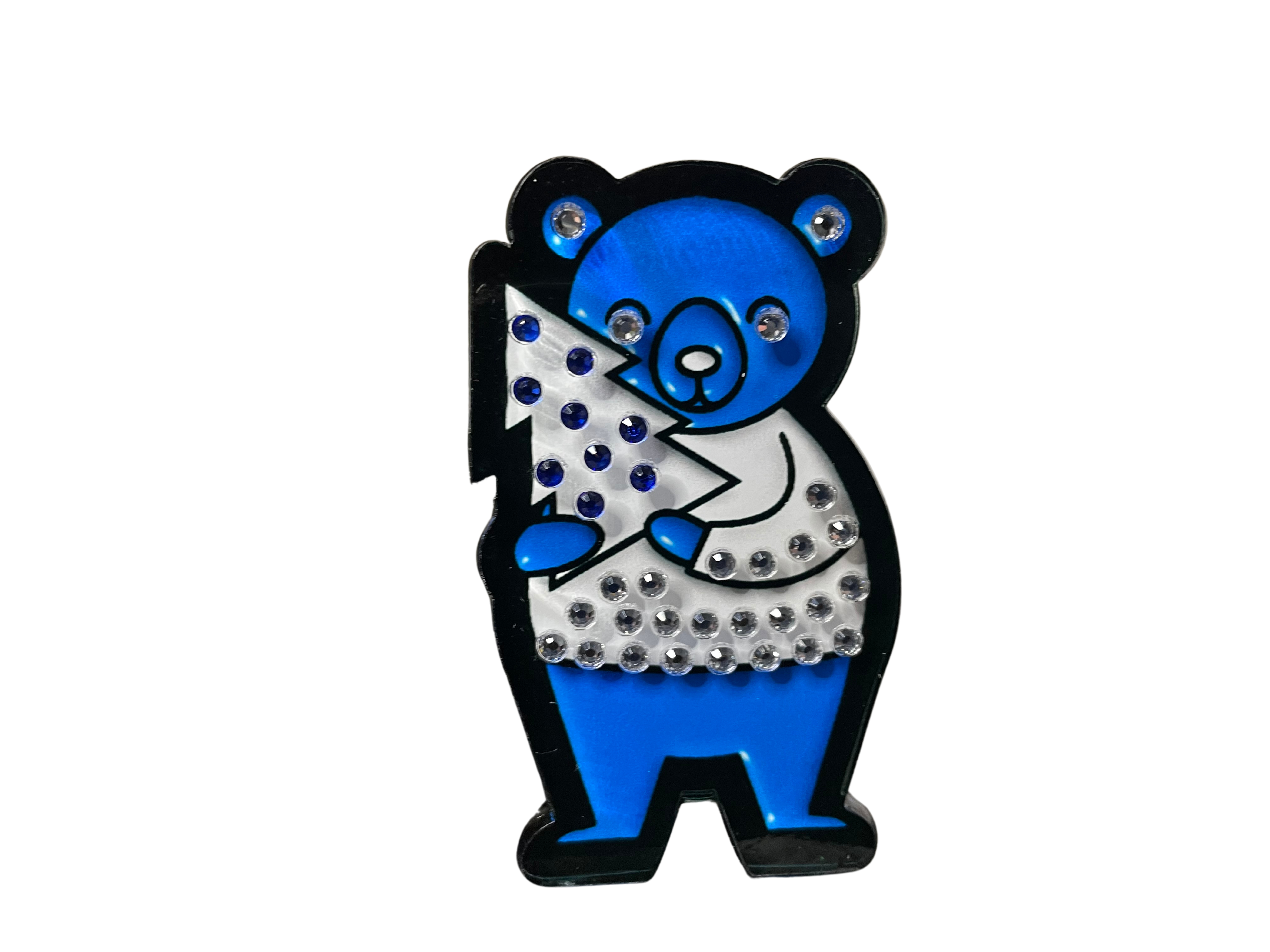 Rhinestone Blue Bear with Holiday Tree Acrylic Pin