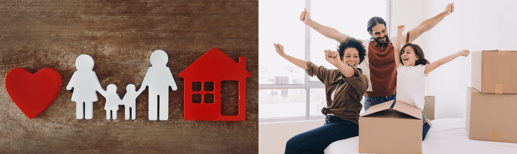 Icon of Heart and Family with a family celebrating as they unpack boxes in their new home