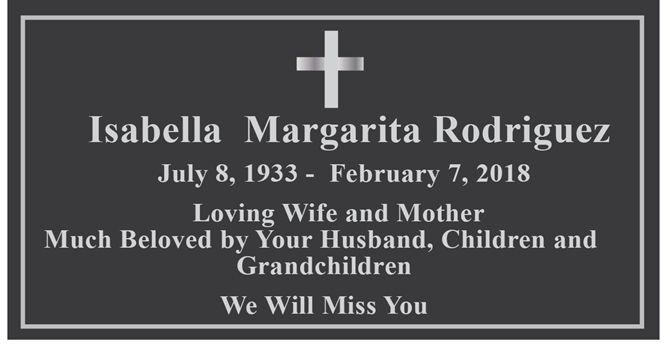 ZP-3050 - Carved Memorial  Plaque for Isabel Rodriguez,  Painted Silver and Black
