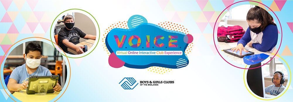 V.O.I.C.E. Virtual Online Interactive Club Experience banner with children on tablets & computers.