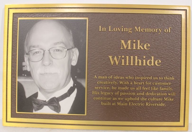 ZP-2046 - Carved Memorial Photo Plaque  Mike Willhide, Main Electricr  ,  Painted  Light and Dark Bronze