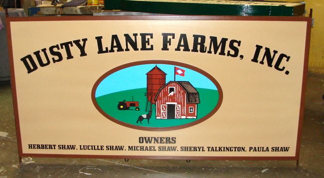 O24803 - Carved Entrance Sign for "Dusty Lane Farms". with Farmhouse and Barn Scene