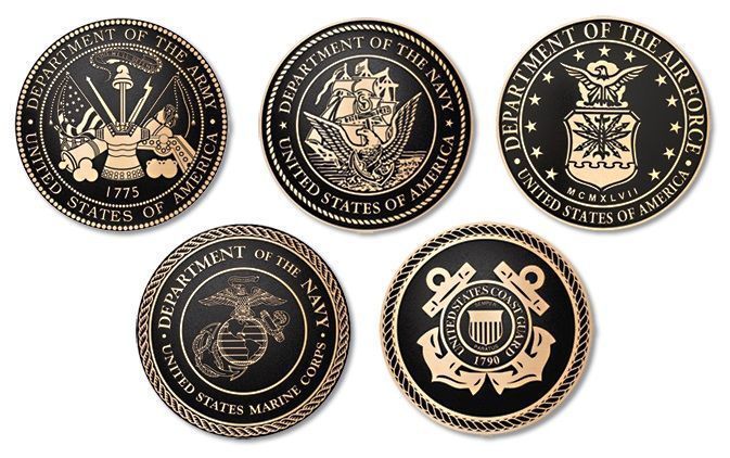 M7805 - Five Precision Machined Bronze Military Service Seal Plaques ( Army, Navy, Air Force, Marine Corps, Coast Guard)