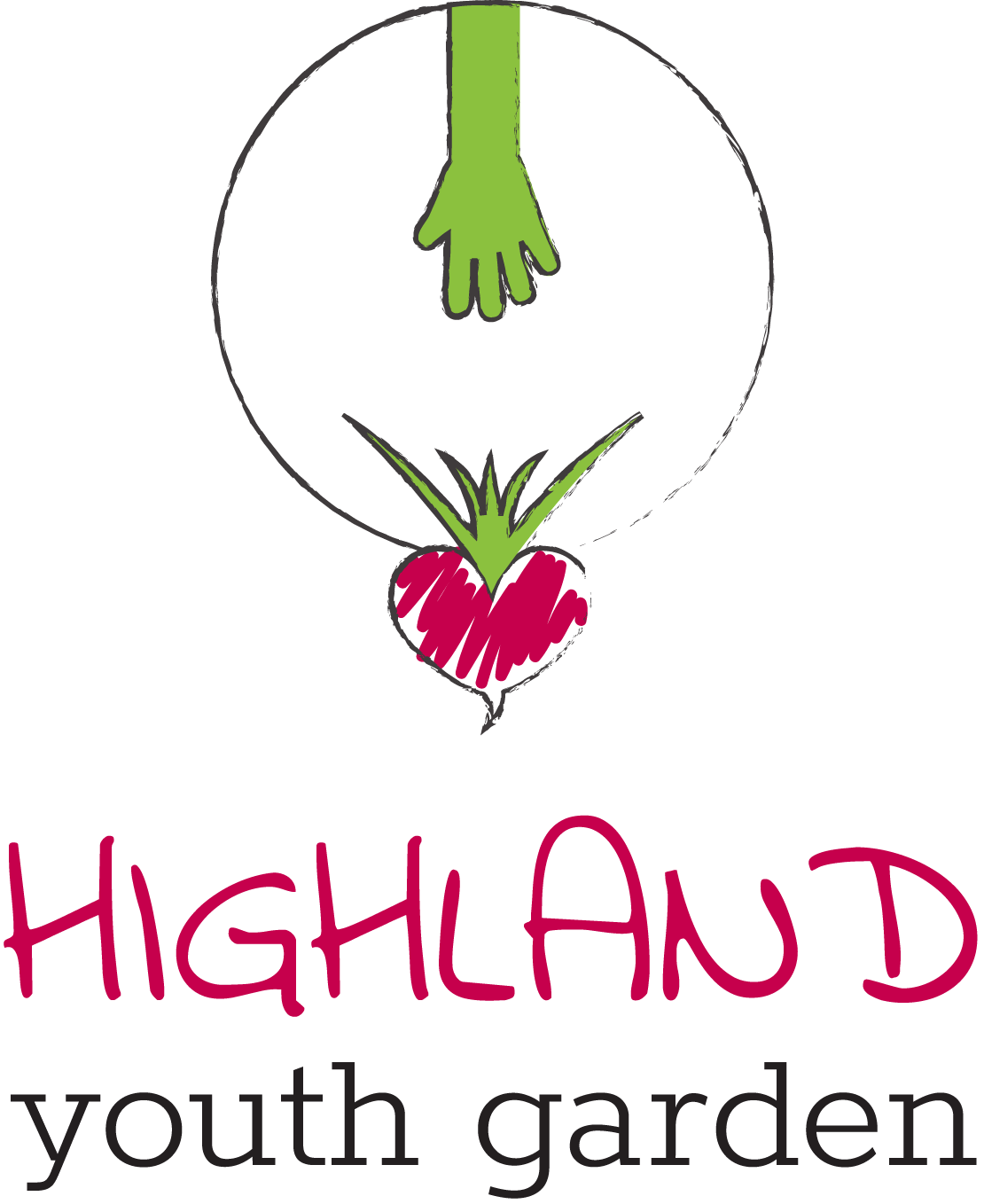 Highland Youth Garden logo featuring a green hand reaching down toward a red root vegetable sprouting leaves, enclosed in a circular outline, with the words ‘Highland youth garden’ below.