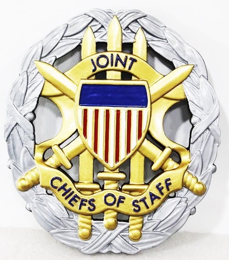 IP-1100 - Carved Plaque of the Seal/Crest of the Joint Chiefs of Staff (JCOS), US DoD,  Artist Painted with Metallic Silver & Brass