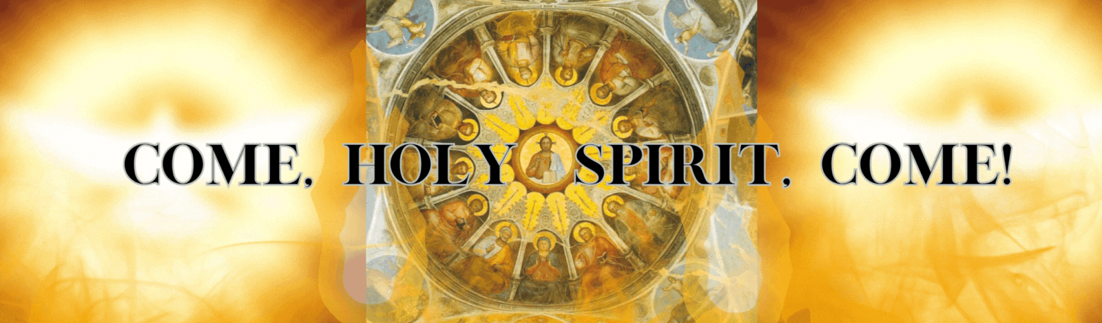 Come, Holy Spirit, Come with the image of a stained-glass window with a dove and moving flames