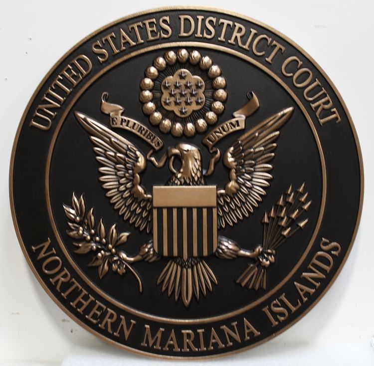 MA1127 - Plaque of the Seal of the United States District Court, Mariana Islands, 3-D bas Relief with Dark Patina Background