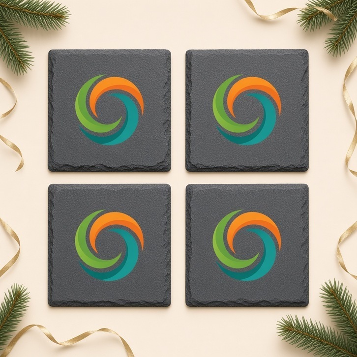 Set of four square natural slate coasters with sample full-color logos