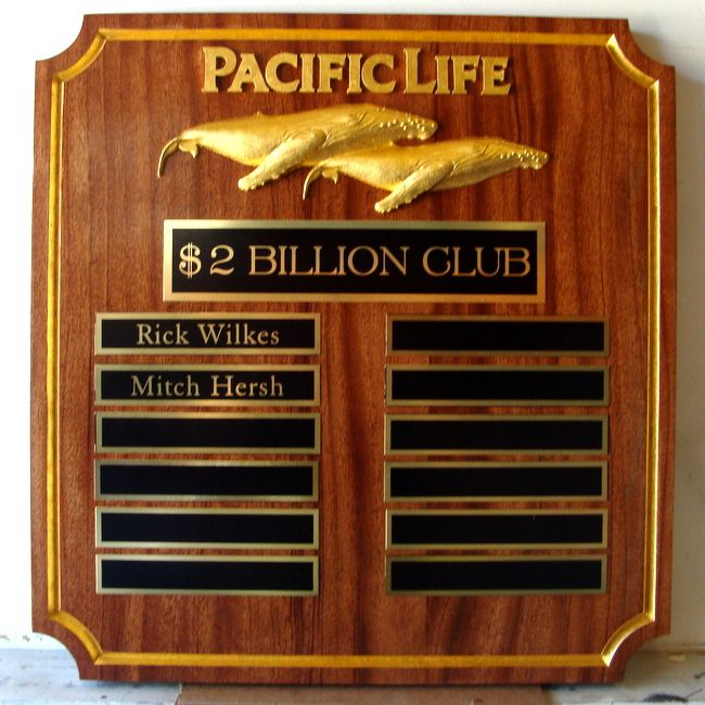 SB1226 - Award  Plaque for Pacific Life Insurance Sales Executives with $2 Billion in Sales, Carved from African Mahogany with 3-D Carved 24K Gold-leaf Gilded Whales