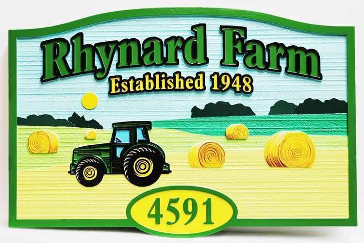 O24726 - Carved and Sandblasted 2.5-D Multi-level Relief HDU  Name and Address Sign for the "Rhynard Farm" featuring a Tractor and Hayfield as Artwork
