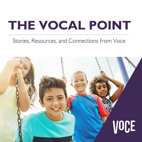 graphic with the words The Vocal Point and a group of diverse smiling children