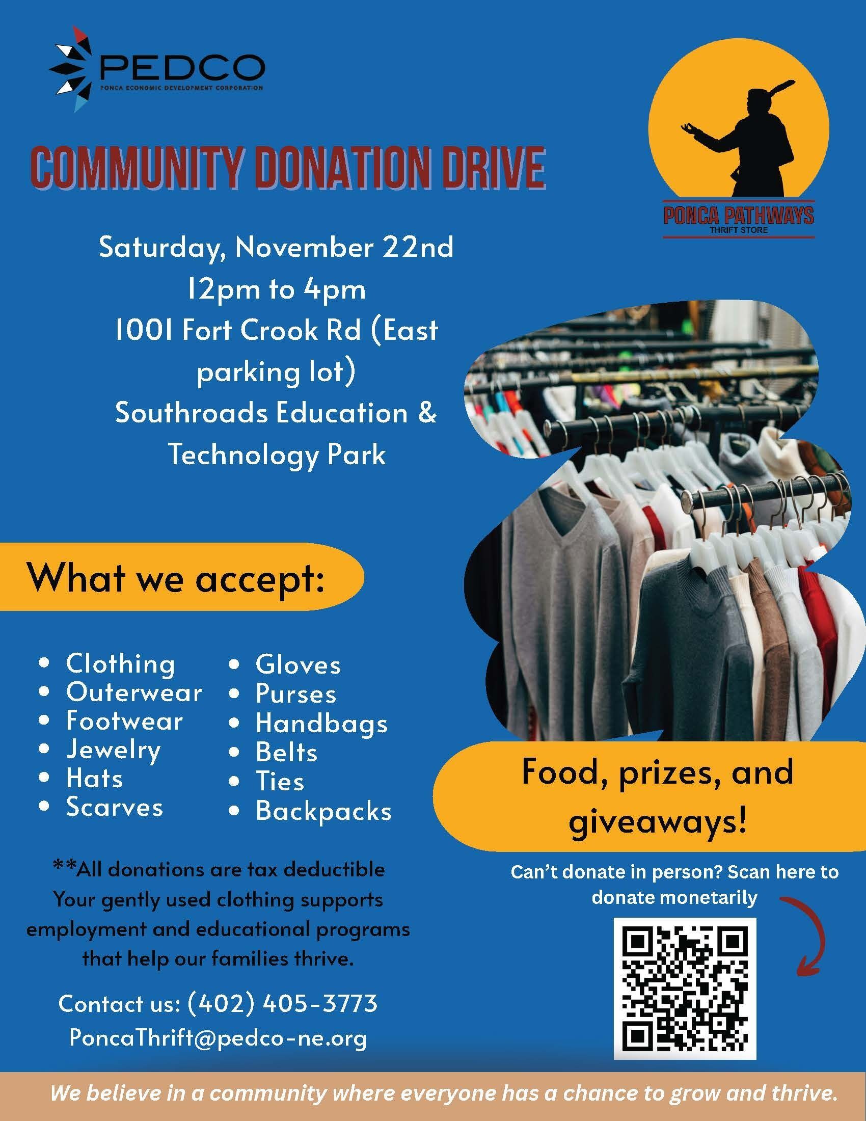 A flyer with information and location of Ponca Pathways Community Donation Drive Saturday, November 22, 2025