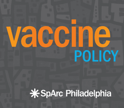 Vaccine policy text in orange and blue on a square background of grey geometric buildings with the SpArc Philadelphia logo in white at the bottom