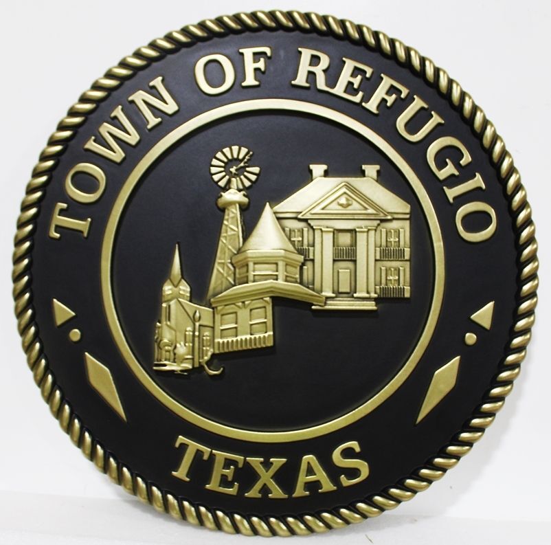 DP-1905 - Carved 3-D Bas-Relief Brass-Plated HDU Plaque of the Seal of the Town of Refugio, Texas 
