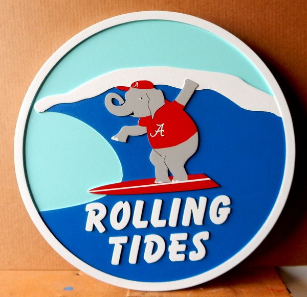 L21708– Carved 2.5-D HDU Beach House Sign “Rolling Tides”, with Elephant Surfer