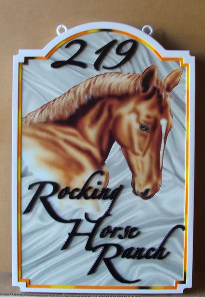 P25015 - Carved HDU "Rockinghorse Ranch" Sign with a Giclée, Vinyl Applique of Horse Head, Address and Gold Leaf Border