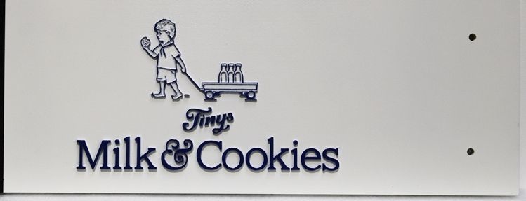 SA28442 - Carved Outline Raised Relief HDU Sign for Tinys Milk & Cookies, with a Boy Pulling a Wagon as Artwork