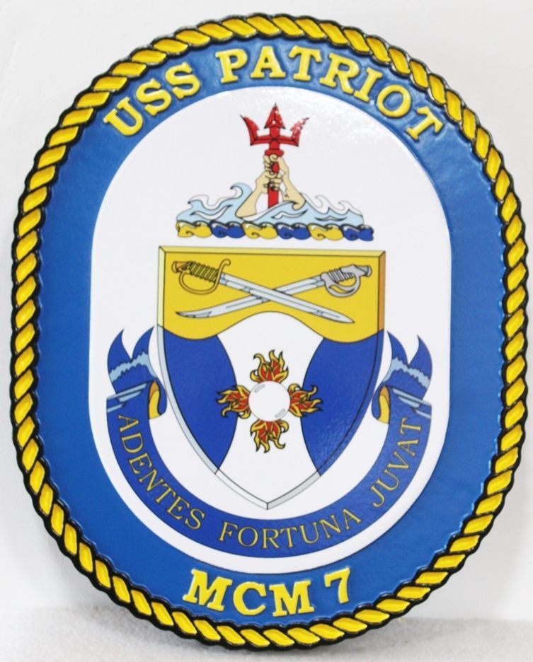 JP-1301- Carved High-Density-Urethane Plaque of the Crest of the USS Patriot, an Avenger-Class Mine Countermeasures Ship.. MCM 7